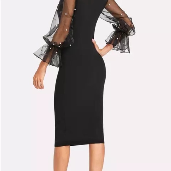 Elegant Midi Dress with Sheer Sleeves & Pearls - Picture 2 of 8